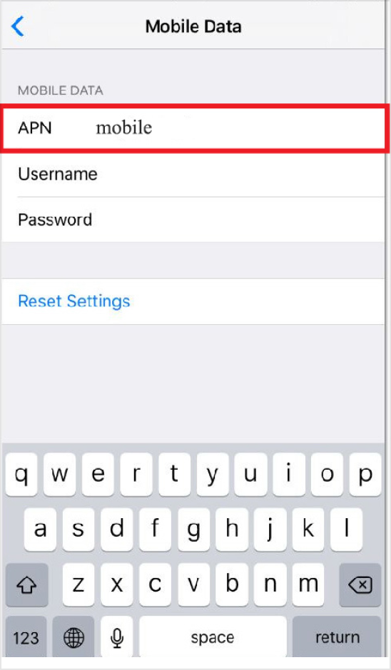 iOS APN Setting: 4. Edit APN as "mobile" and Restart the handset